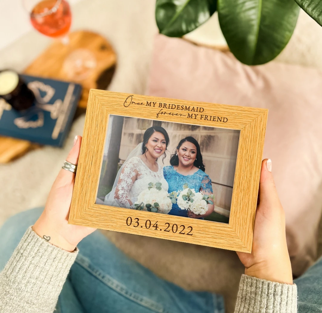 Personalized Wood Photo Frame Bridesmaid Gift, Natural Wood Picture Frame Custom Wedding Keepsake Wedding Gift