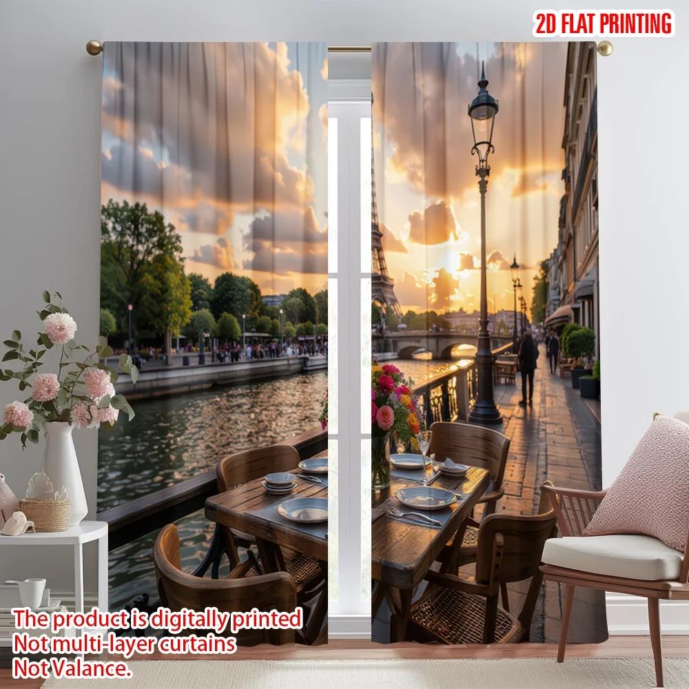 

2D flat printing 2pcs Curtain Sunset Dinner by Eiffel Digital Printed Polyester Drapes Party Decorations Perfect for Room