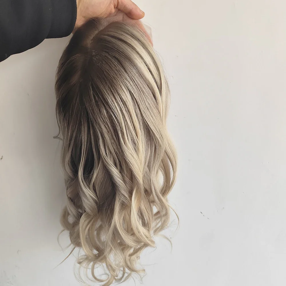 Balayage Ash Blonde Human Hair Lace Wig Loose Curly Dark Root HD Lace Custom Wig For Women