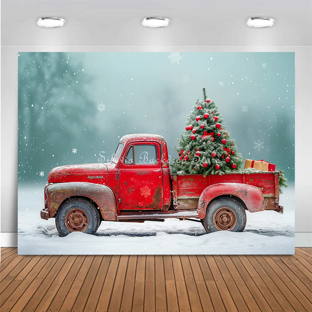 Christmas Red Truck Photo Background Winter Snow Xmas Tree and Gifts Photography Backdrop Kids Portrait Photo Studio Props