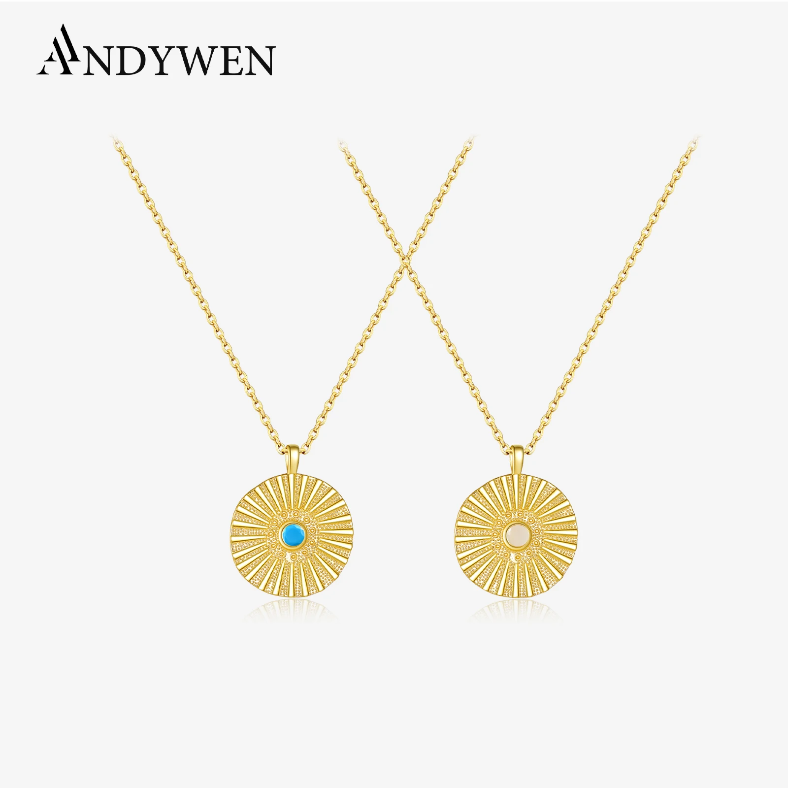 ANDYWEN New 925 Sterling Silver Gold Umbrella Coins Milk Turquoise Coins Pendant Long Chain Women Fashion Large Thick Jewelry