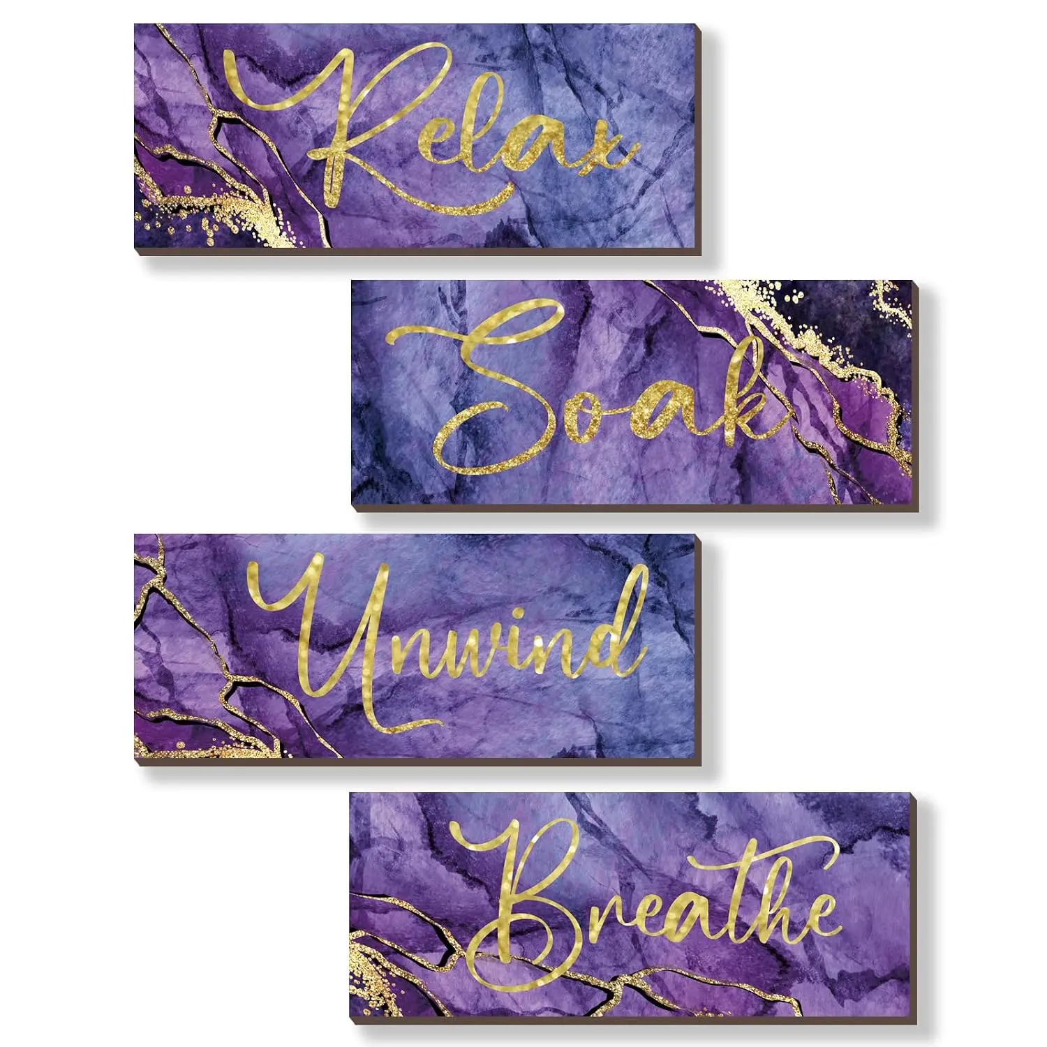 4 Pcs Purple and Gold Bathroom Decor Large Relax Soak Unwind Breathe Wooden Sign Rustic Marble Style Bathroom, Customized