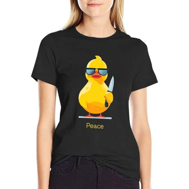 Camiseta divertida con gráfico de pato con cuchillo y la frase 'Peace', diseño de pato con gafas de sol, estilo meme, manga corta, caricatura de pato, top informal humorístico