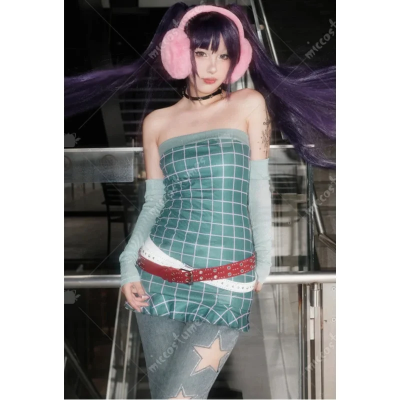 

25COSMiccostumes Musa Derivative Casual Outfit Plaid Tube Top and Star Cutout Flared Pants with Belt Gloves Set Cosplay Costume