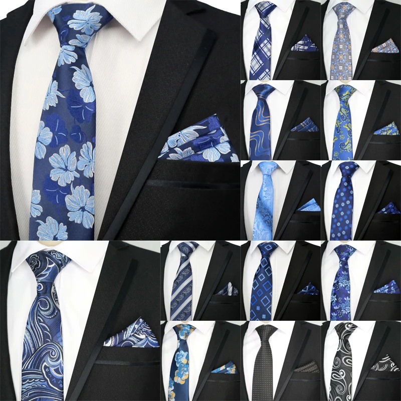 Luxuriöse blaue Krawatten für Männer, kariertes Blumen-Punkt-Krawatte, Taschentuch, gewebt, klassische Herren-Krawatte, Einstecktuch-Set, formelle Hochzeitskrawatten