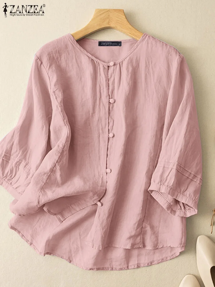 

Elegant Casual Solid Tunic Tops ZANZEA Autumn Women Cotton Shirt Vintage O Neck 3/4 Sleeve Blouse Fashion Buttons Down Blusas