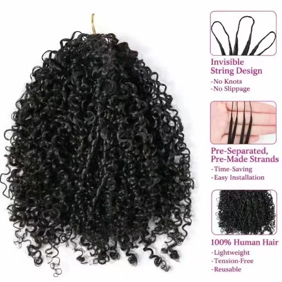 Kinky Curly Crochet Haarverlengingen met knoopjes, Feather Crochet Haarverlengingen, Birmese Krullen, Onzichtbare Knooploze Krullen, Vlecht Haar