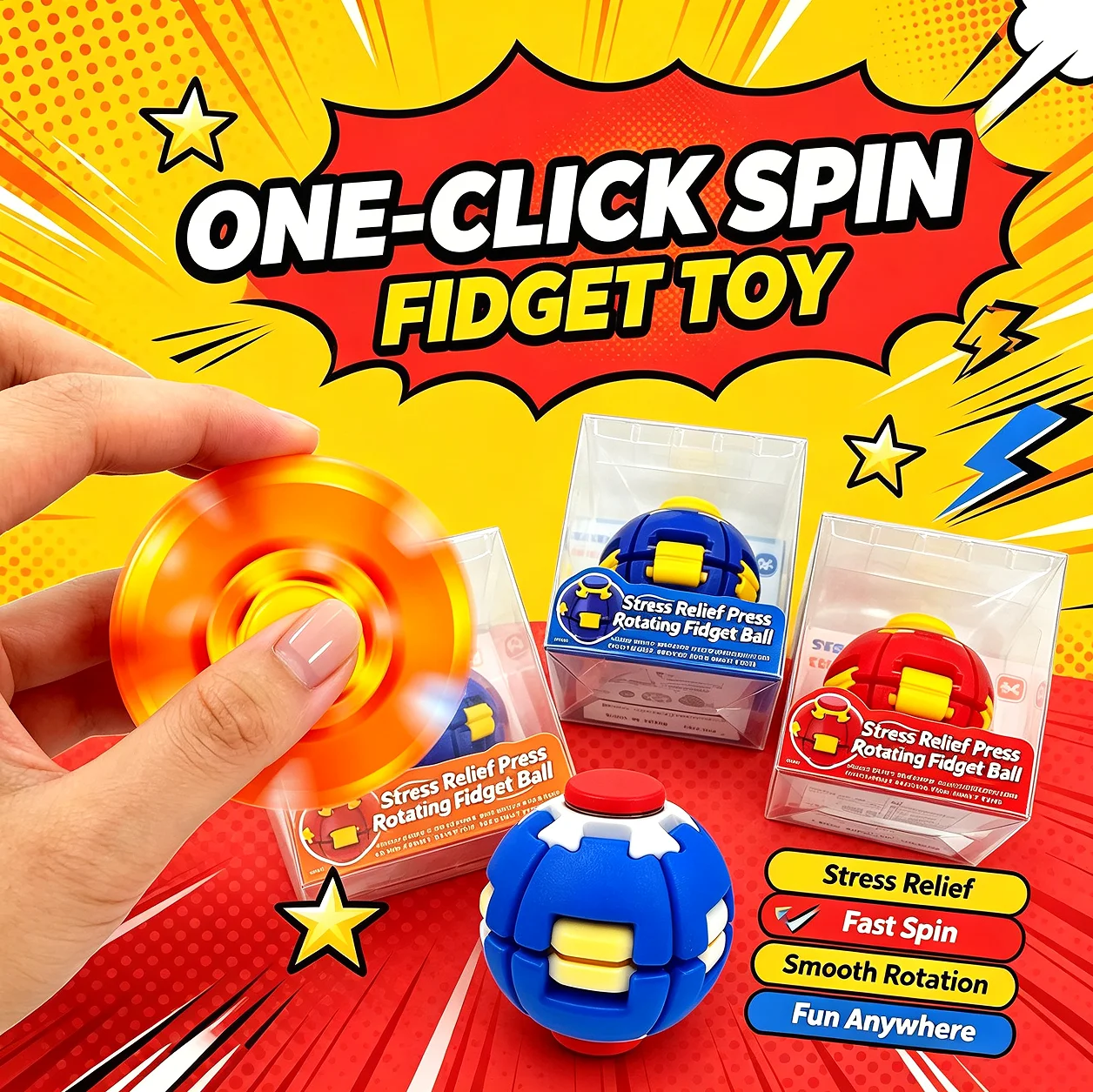 3D Printed Press-to-Spin Fidget BallOne Click Deform Fidget Spinner Ball, Smooth Rotating Stress Relief Sensory Toy