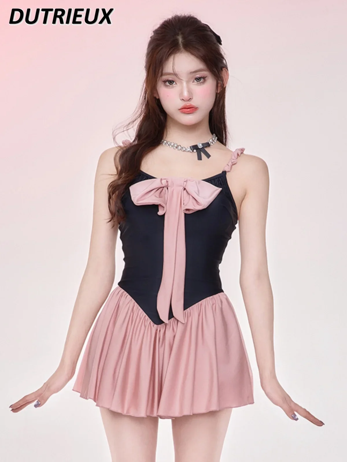 

2024 Summer New Swimsuit Female Black Pink Bowknot Pure Desire Girl Dress Type Anti-Exposure Cute Slim-Fit Hot Spring Swimwear