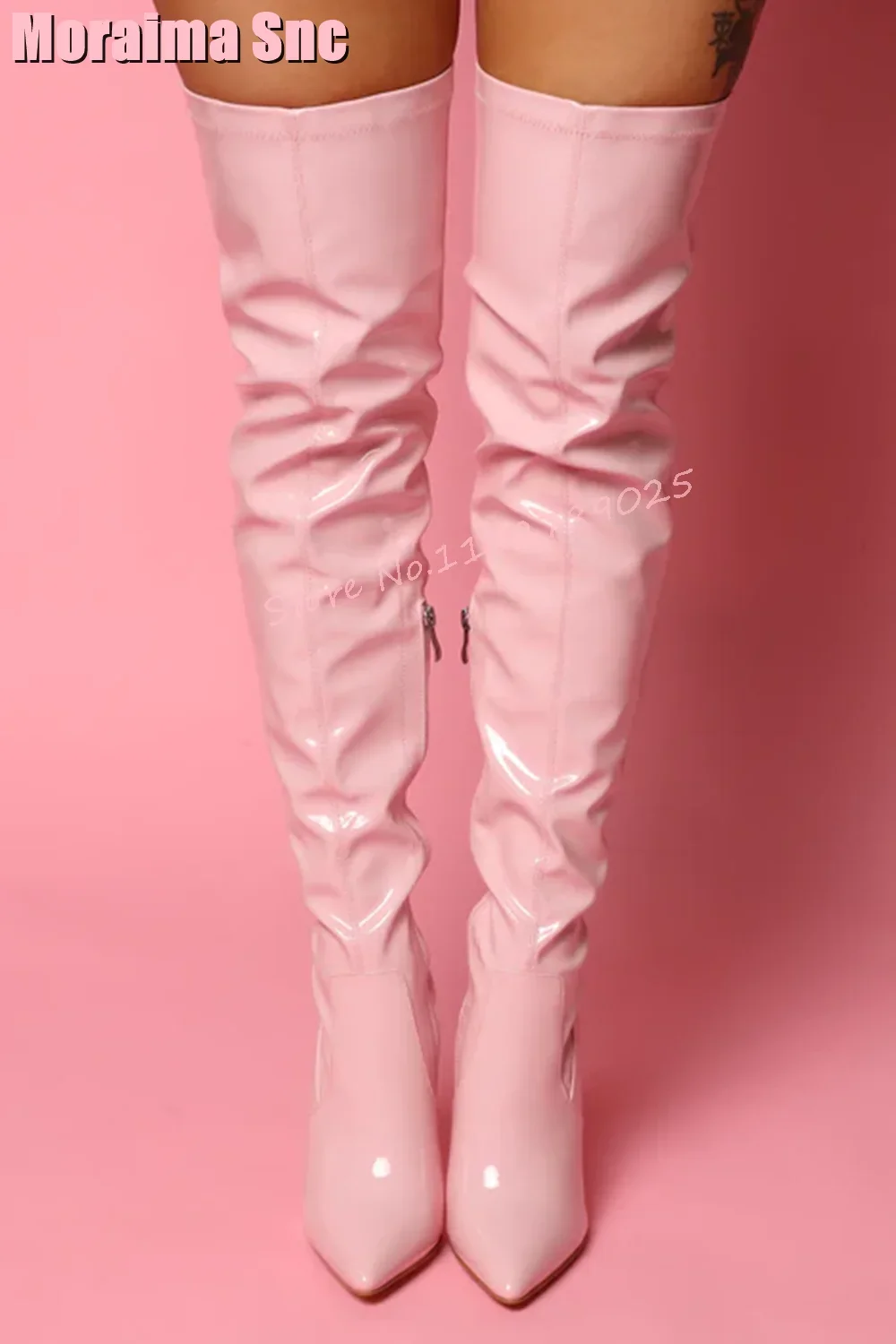 Patent Leather Thigh High Boots Stiletto High Heel Pointed Toe Side Zipper Pink Solid Sexy Women Long Boots Fashion Autumn 2023