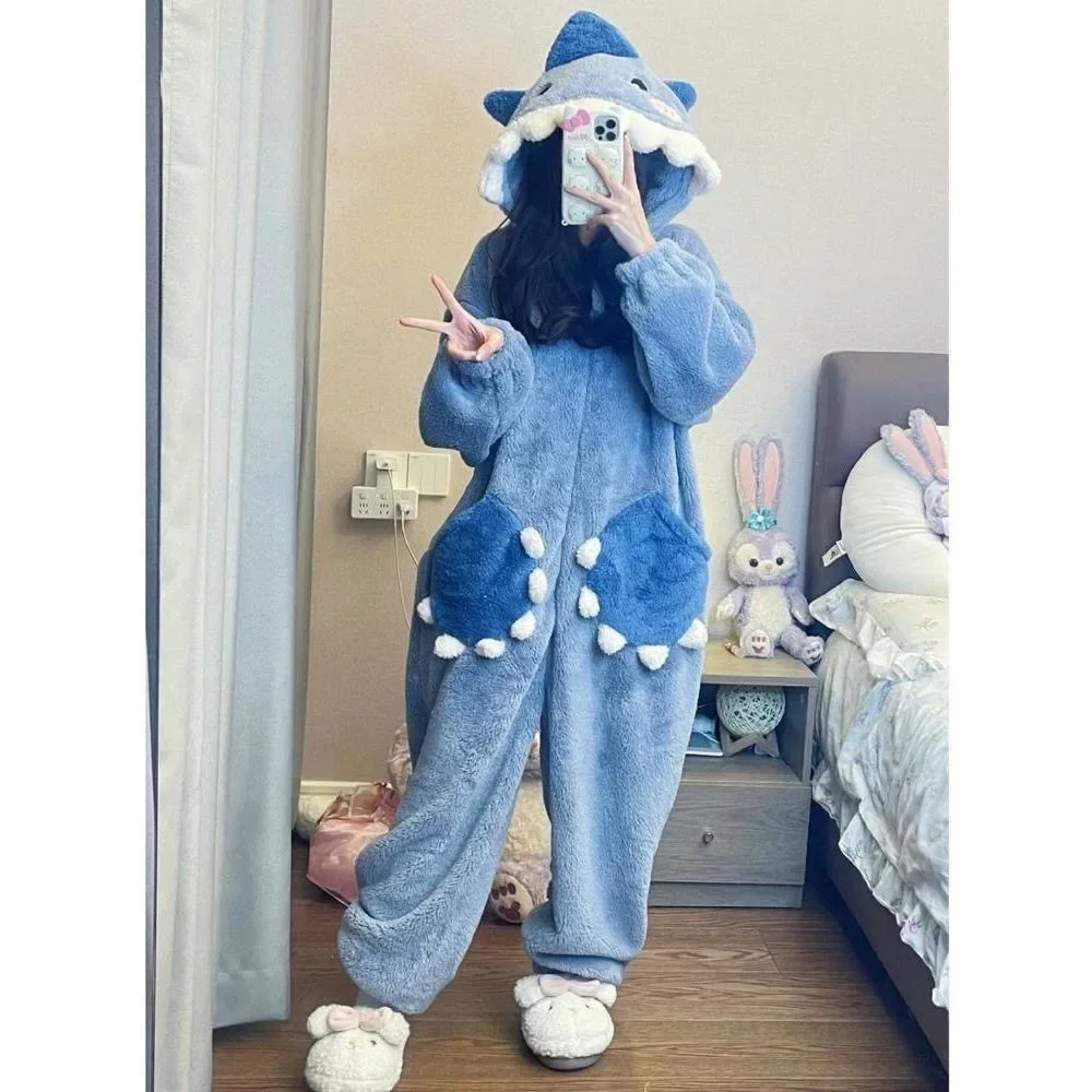 Cartoon Cute Shark Women's Pajamas Flannel Hooded Sleepwear jumpsuit Female Set Cute Pyjamas Halloween Party Loungewear L90