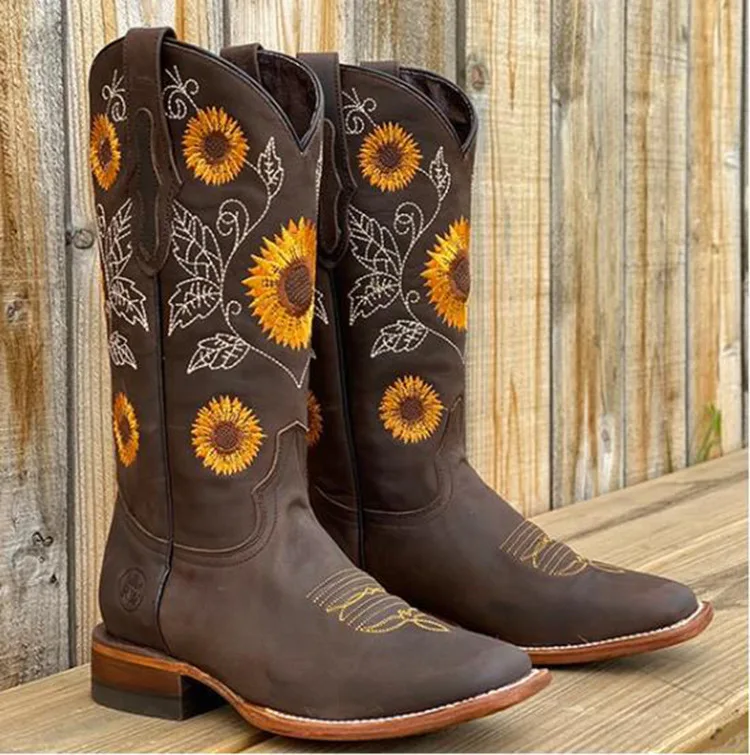 New Women Coffee Brown Embroidery Boots PU Leather Printed Western Cowboy Boots Deep V-mouth High Tube Casual Boots size 35-43