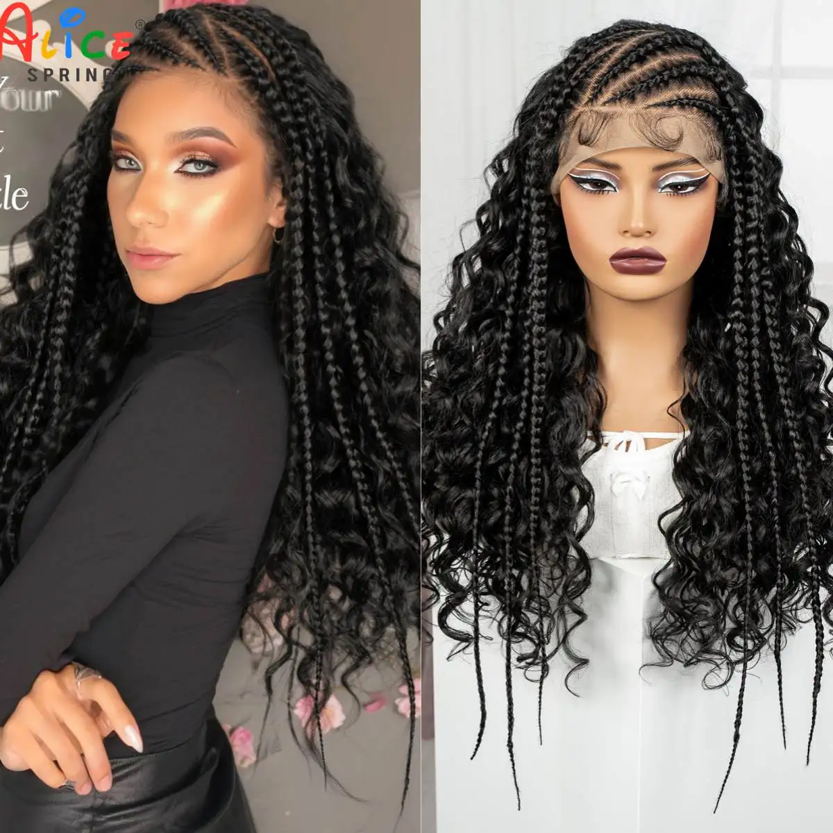 26Inch Cornrow Braided Wigs 13x6 Transparent Lace Front Deep Wave Hair Wigs Synthetic Kinky Curly Brazilian Hair Wigs for Women