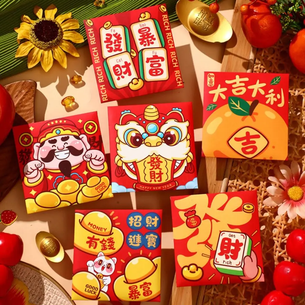 6Pcs Cartoon Chinese Snake Year Red Envelope Blessings Printing Traditional New Year Money Envelope Best Wishes Mixed Pattern