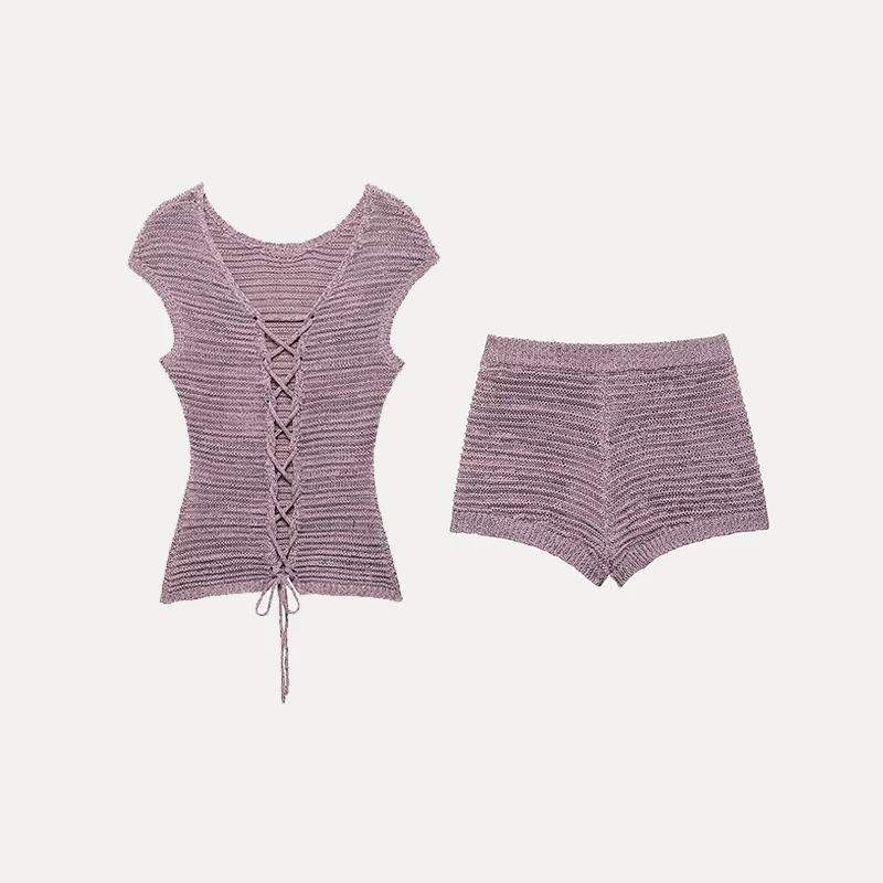 Z 2025 New Women's Knitted ort Sve round Ne Two-Piece Set Polyester Fiber ort Pants Faionable Casual Wear