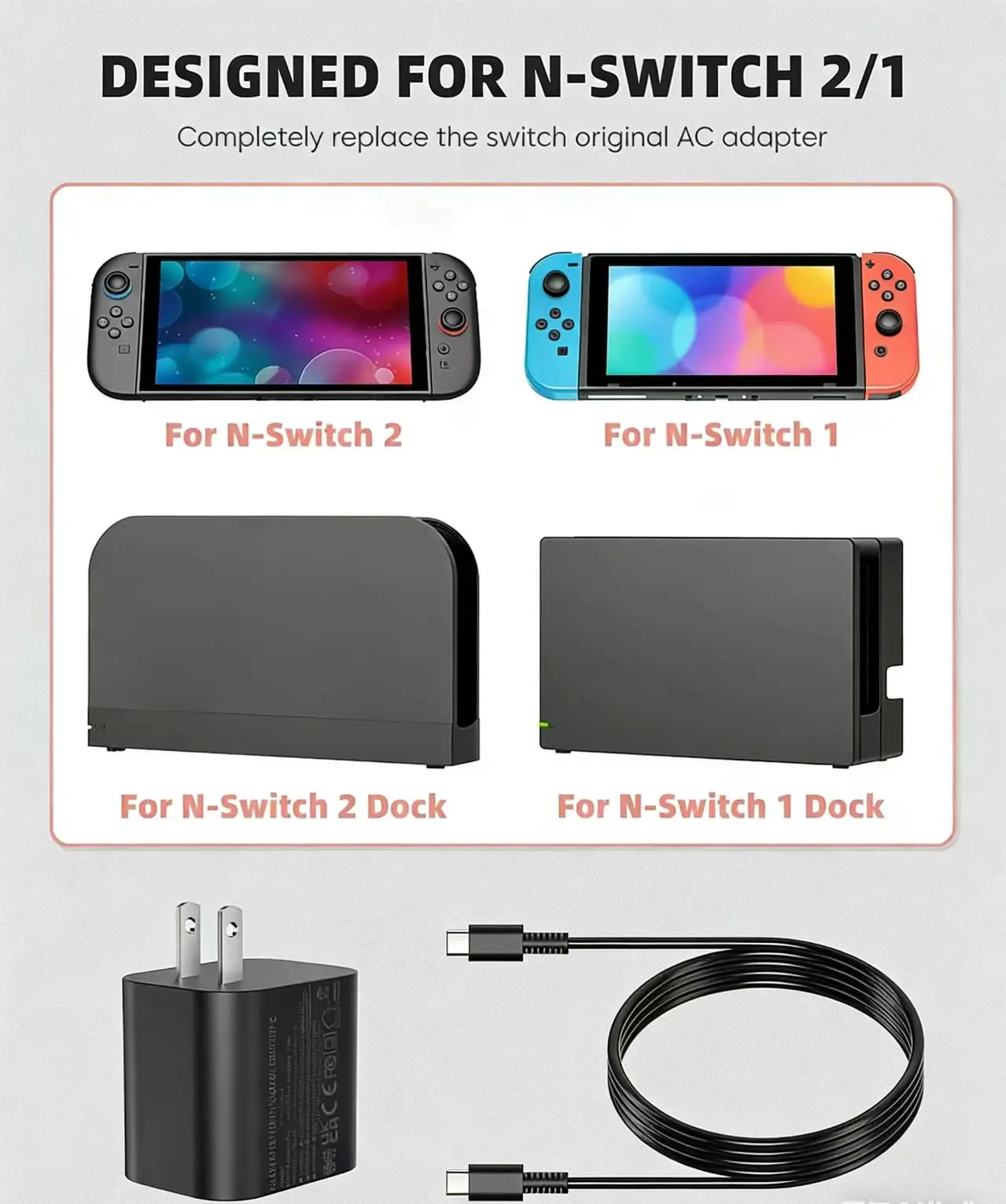 

Зарядное устройство USB-C 60 Вт для Nintendo Switch 2/1, адаптер быстрой зарядки с кабелем 1,5 м, поддержка док-станции 4K TV, замена OEM-устройства