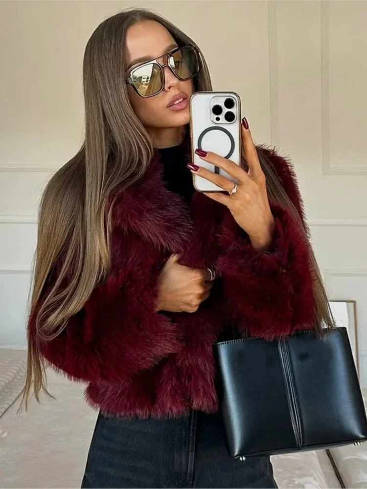 Abrigo corto y cálido Retro Borgoña para mujer, chaqueta de piel sintética de manga larga con solapa holgada de Color sólido elegante a la moda, nuevos abrigos de calle