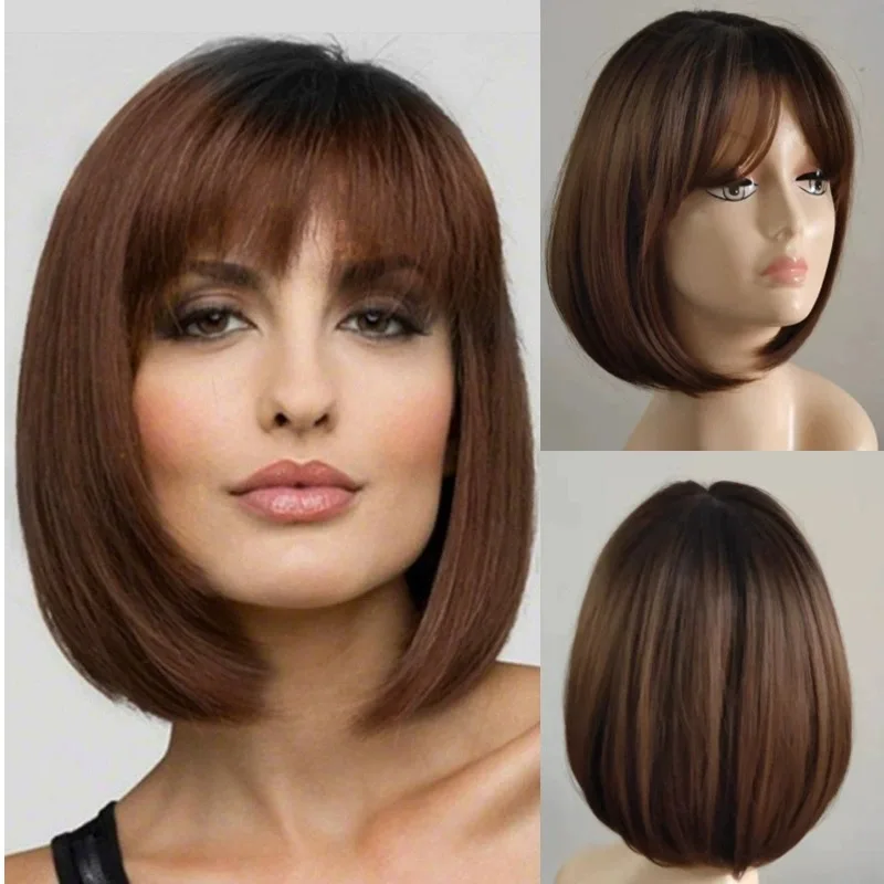 

European and American fashion wig for women, brown color Black short straight hair with bangsboboBob Short Hair Wig Cap