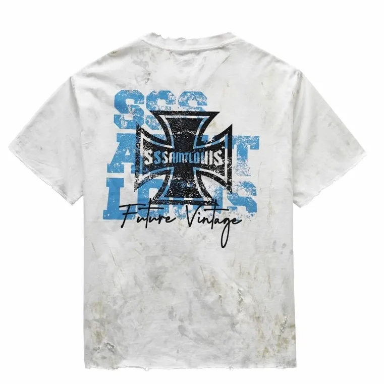 SSSAINT LOUIS Cross Medal Round-neck Pullover Short-Sleeve Vintage Weathered Hole T-Shirt
