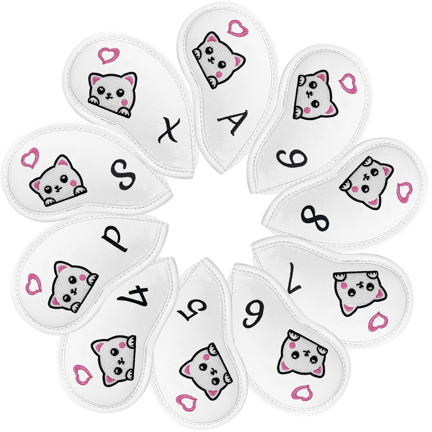 10Pcs White Golf Iron Head Covers, Cute Pink Heart Cat Pattern Golf Club Protector, Numbered Golf Iron Headcover Set Golf