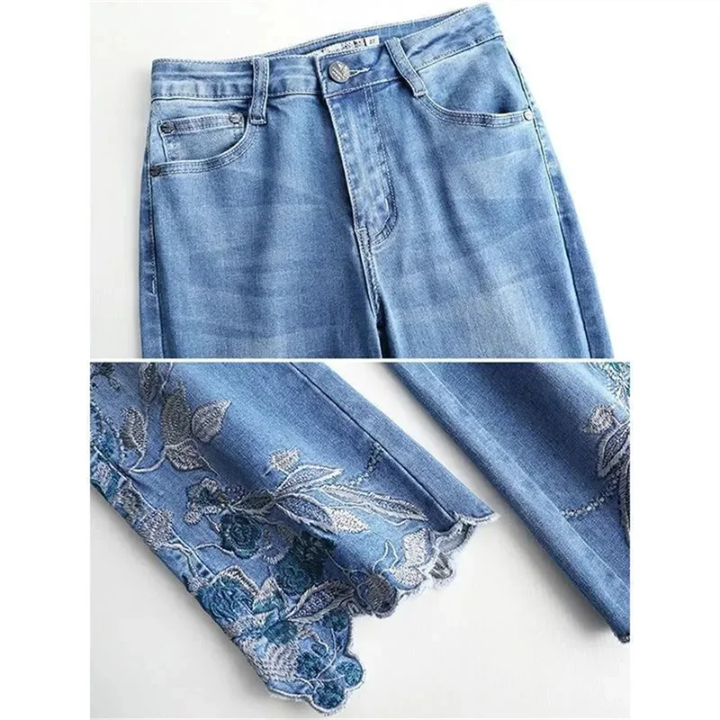2025 Spring/Summer New Thin Embroidered Jeans Women's Stretch Embroidered Nine Part Pants Retro Versatile Micro Bellbottom Pants