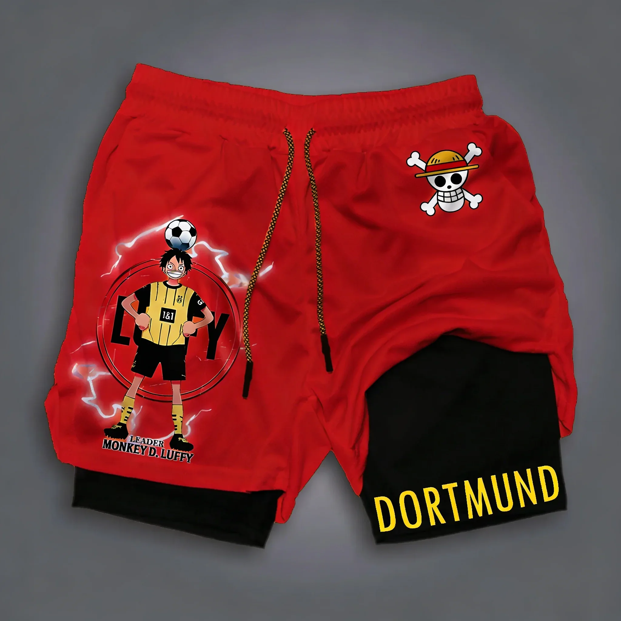 

Спортивные шорты с принтом ONE PIECE Anime Luffy, мужские и женские, новые летние футбольные быстросохнущие двухслойные шорты 2-в-1