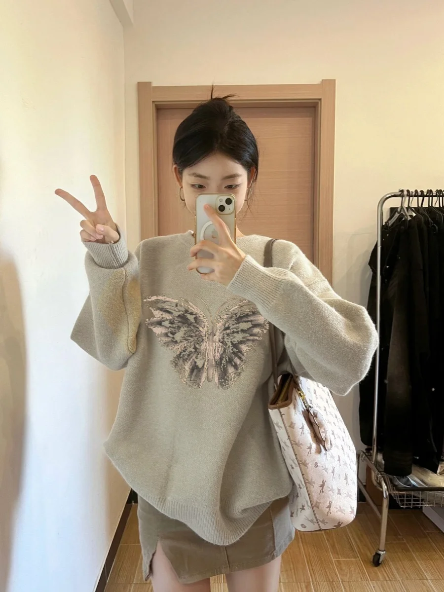 Vlinderpatroon Ronde Hals Hoodie Trui Voor Vrouwen Herfst Winter Nieuwe Japanse Retro Luie Stijl Zachte Losse Dikke Gebreide Top