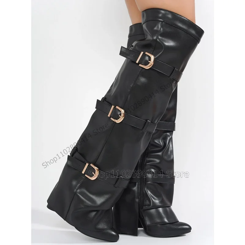 Black Buckle Decor Turned Over Pointed Toe Boots Side Zipper Women Shoes Knee High Sexy Fashion Runway 2023 Zapatos Para Mujere