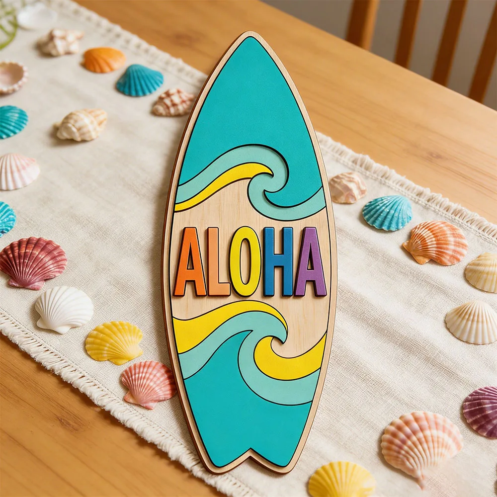 Wooden Aloha Surfboard Shape Sign Hawaiian Tropical Beach Wave Themed Plaque for Tiki Bar Home Living Room Bedroom Wall Decor