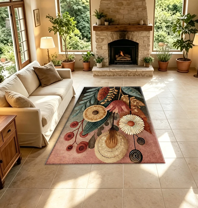 Boho Vintage Floral Leaf Carpet Floor Mat Hand Painted Vintage Floral Leaf Floor Mat Art Decor Indoor Carpet Suitable for Living Room Bedroom