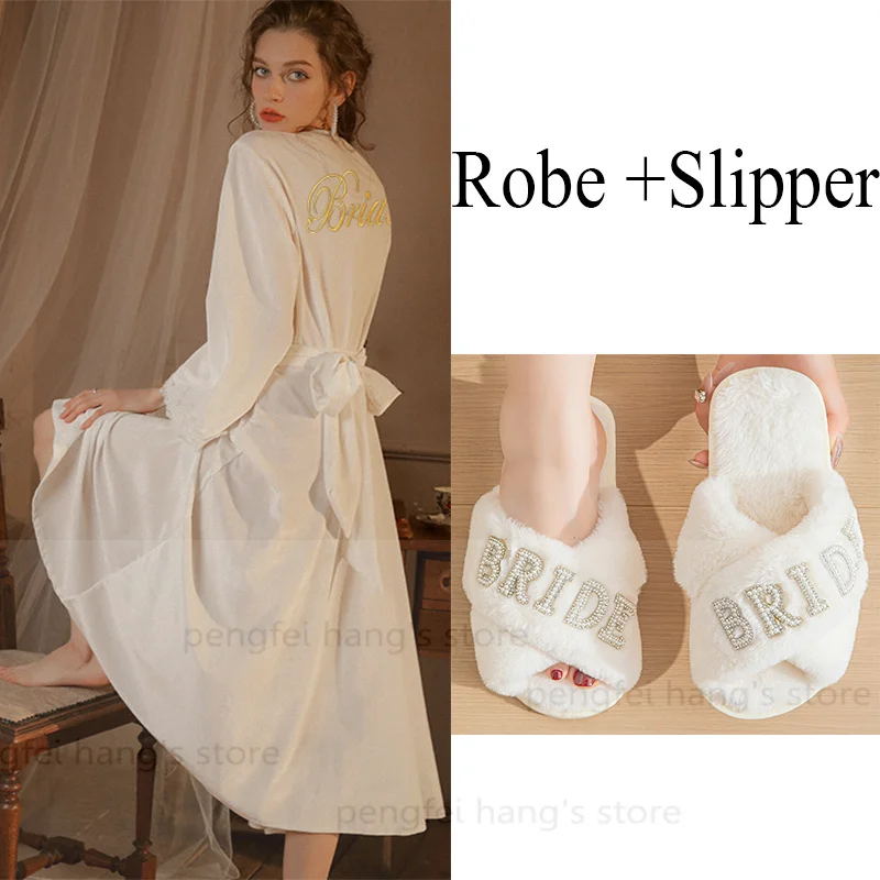 Velour Sleepwear Women Pajamas Lace Trim Vestidos De Novia Long Nightdress Warm Slipper Bride Wedding Dress Velvet Kimono Gown