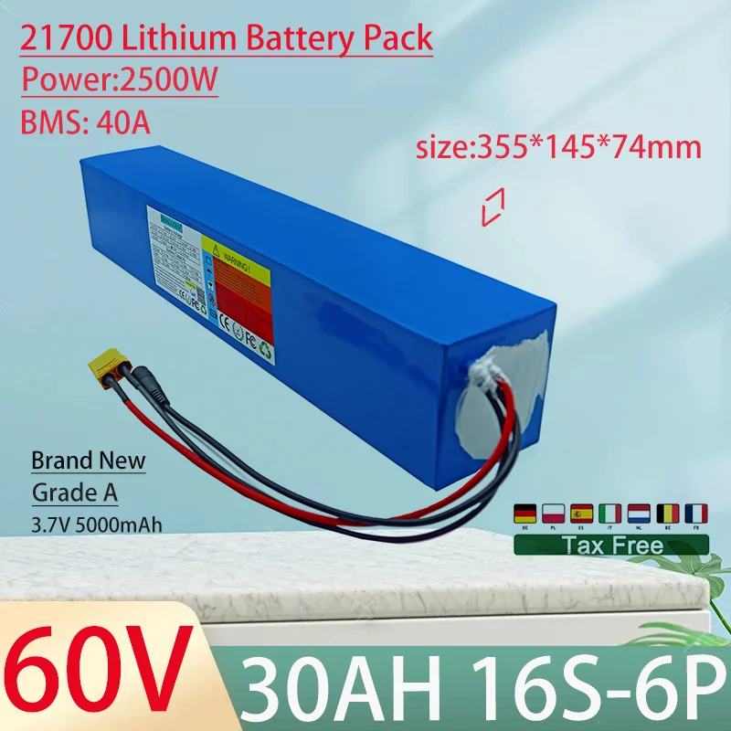 60V 30Ah 21700 16S6P Lithium Ion Battery Pack 2500W Power Tool Batteries Outdoor Backup Batteries With 40A BMS+67.2V 5A charger