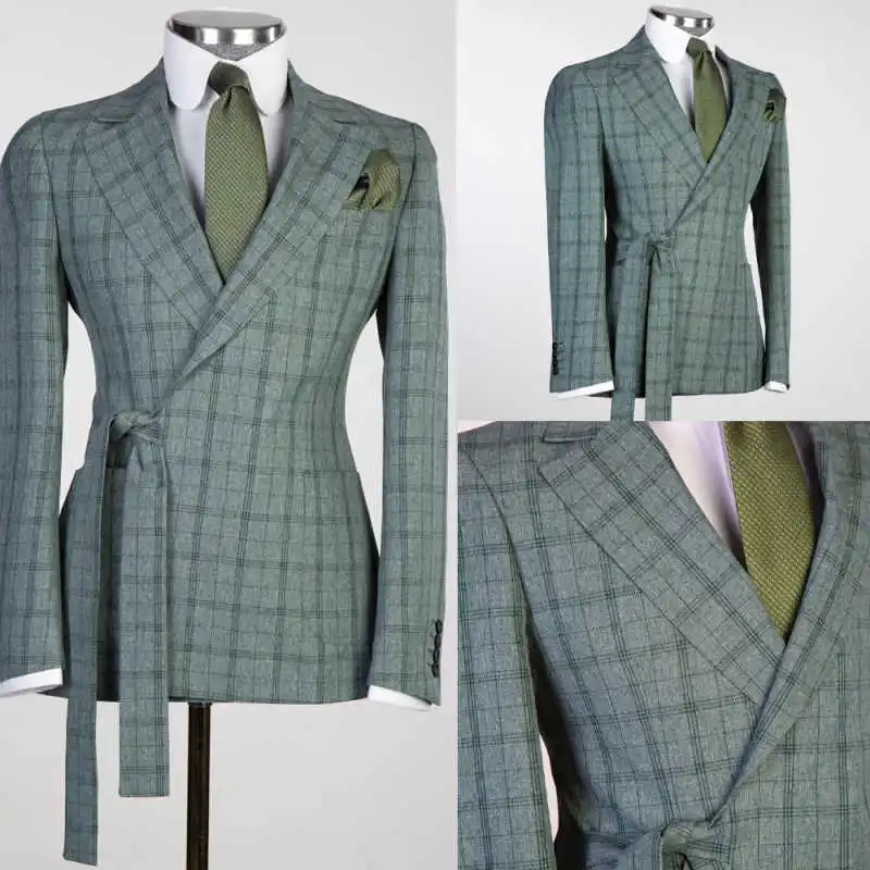 Modern Plaid Men Suits 2 Pieces Notched Lapel Prom Blazer Pants With Belt Loose Fit Prom Male Party Customized Costume Homme