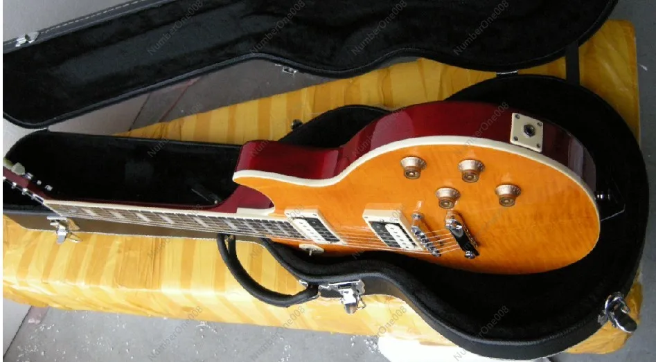 High quality slash electric guitar maple flame  yellow color top  with zebra pickups mahogany body  with case 7yue18