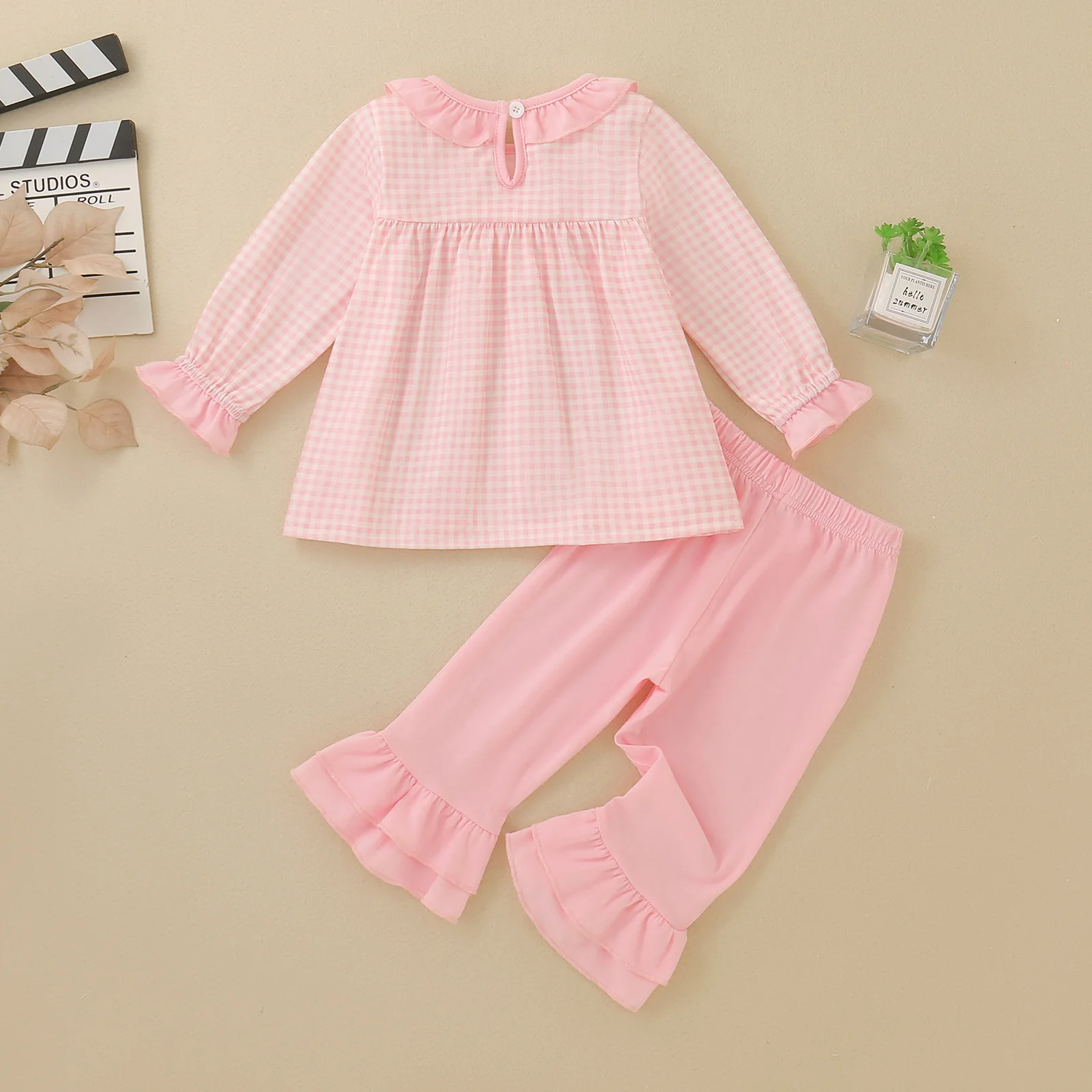 Toddler Girl Christmas Outfit Pink Plaid Ruffle Long Sleeve Top Flare Pants 2Pcs Infant Santa Embroidery Clothes Set