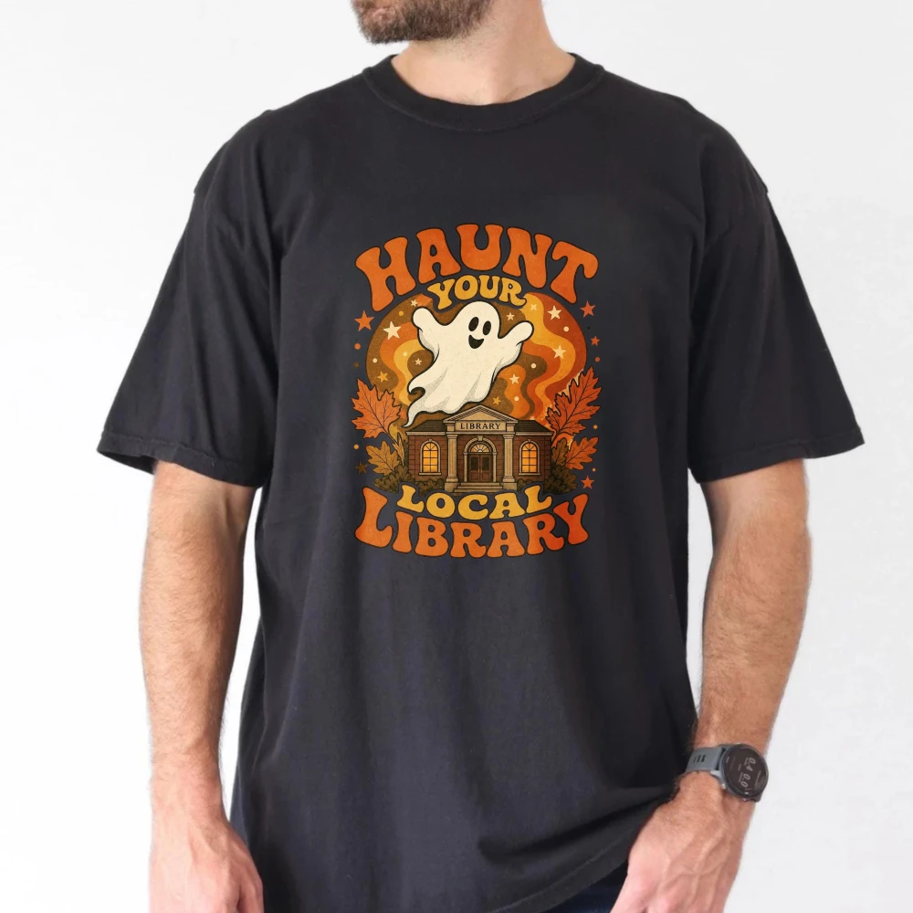 Haunt Library Ghost Cotton Tshirt Streetwear Trendy Autumn Outfit Book Lover Spooky Theme Casual Tops Fashion Holiday Season Tee