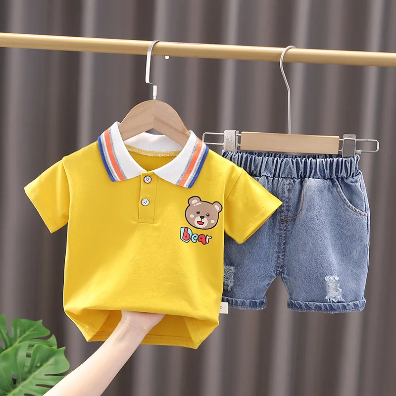 Toddler Summer Outfits for Baby Boy Cartoon Turn-down Collar Short Sleeve T-shirts and Shorts Clothes Kids Bebes Jogging Suits