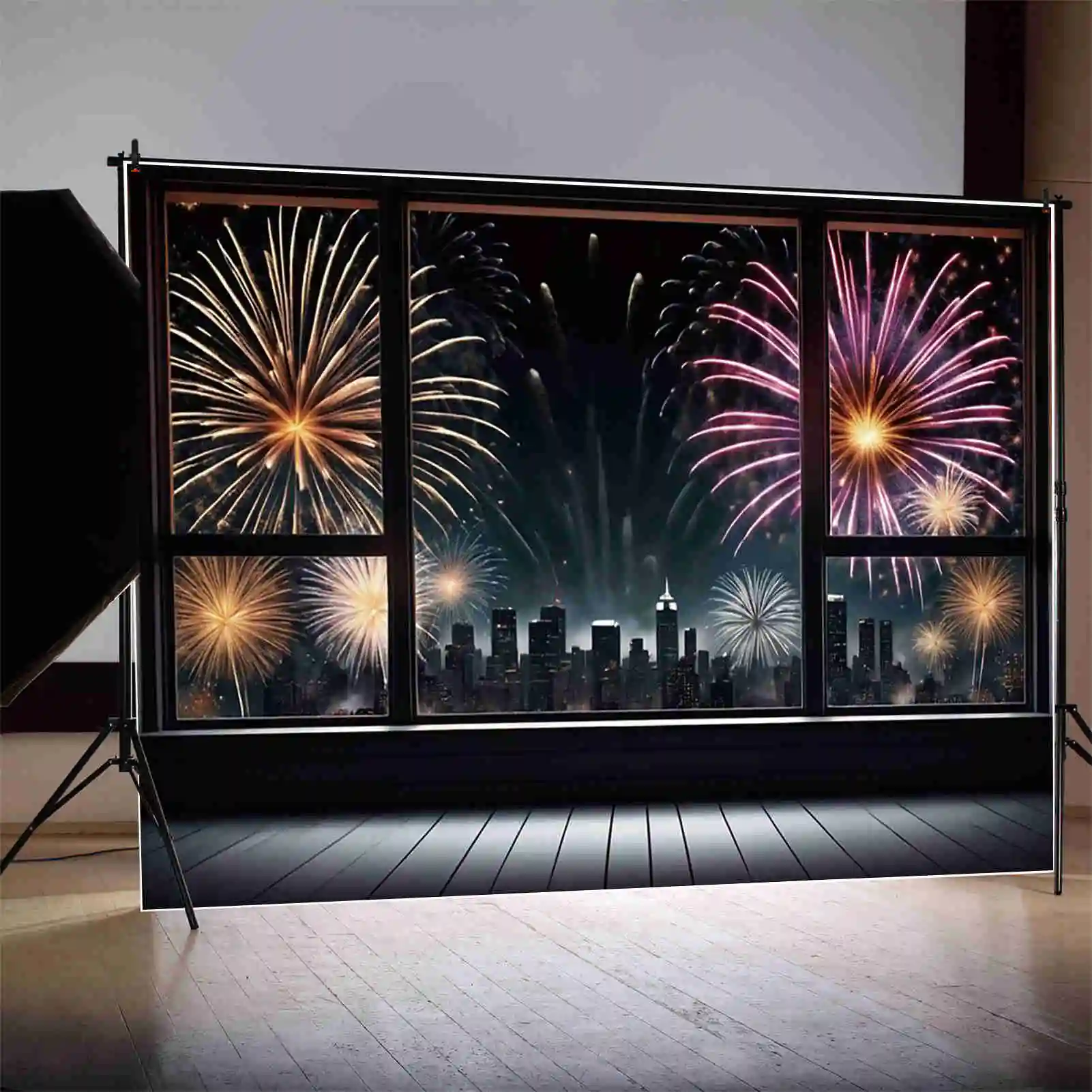 MOON.QG Happy New Year 2025 Photo Background 2024 Christmas Window Fireworks Photocall Backdrop Custom Photography Studio Props