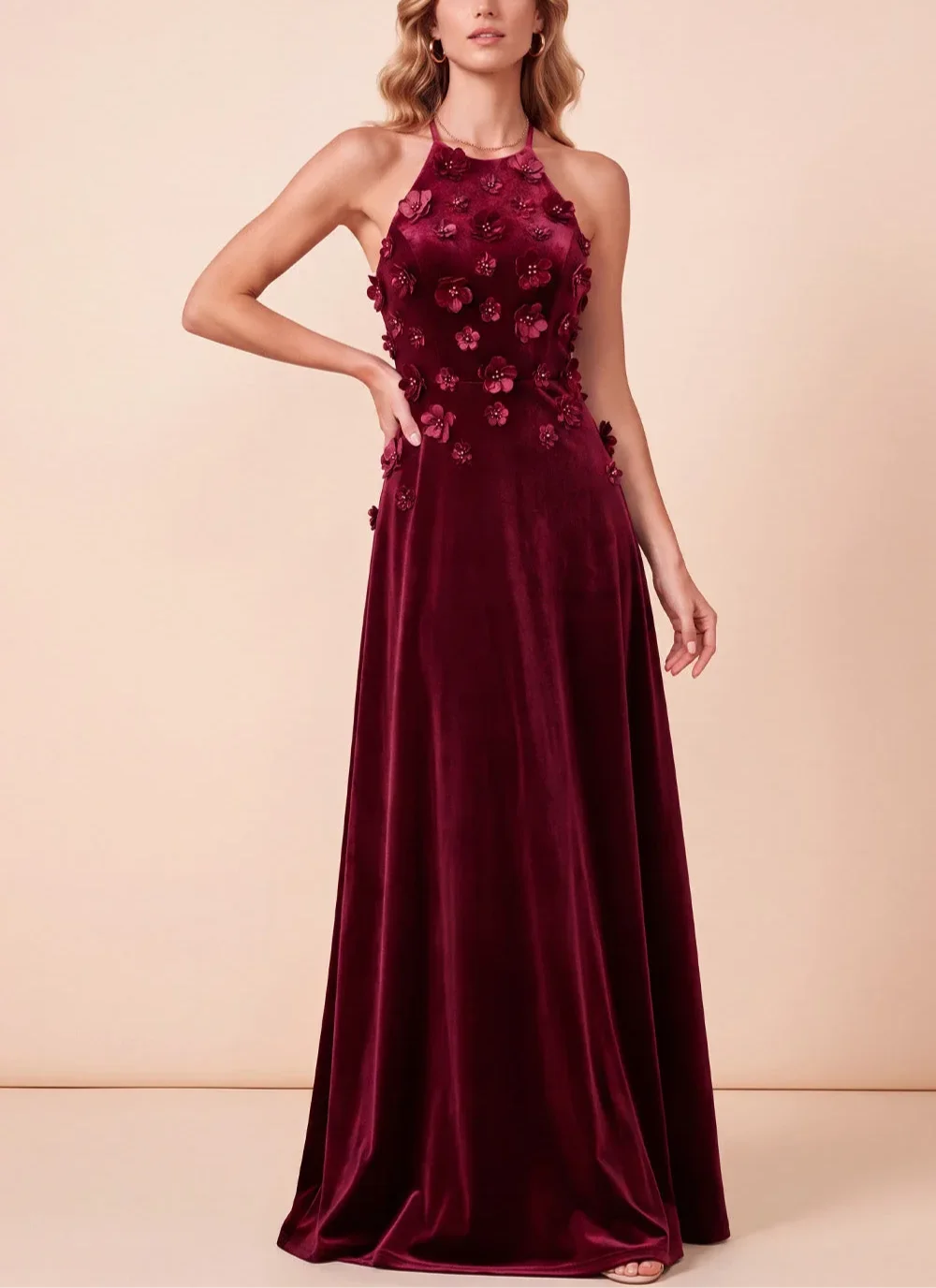 Customized Halter Red Flowers A-line Floor Length Sleeveless Vestidos Para Bodas Mujer Invitada Ballkleider Robe De Soirée Femme