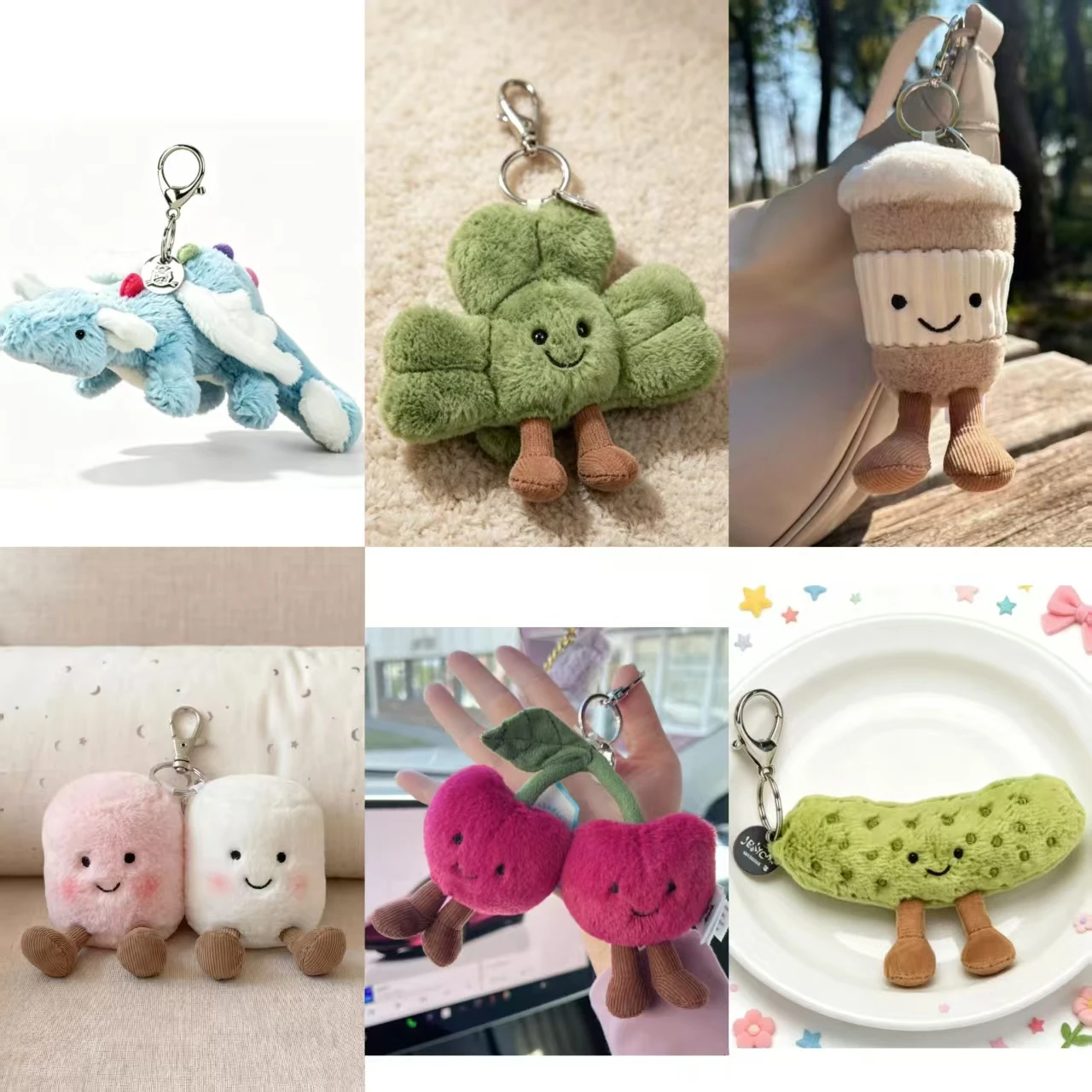 Nuevos llaveros y colgantes decorativos 2026: malvavisco, cereza, dragón, conejo, taza de café, oso de peluche, balón de fútbol, tortuga