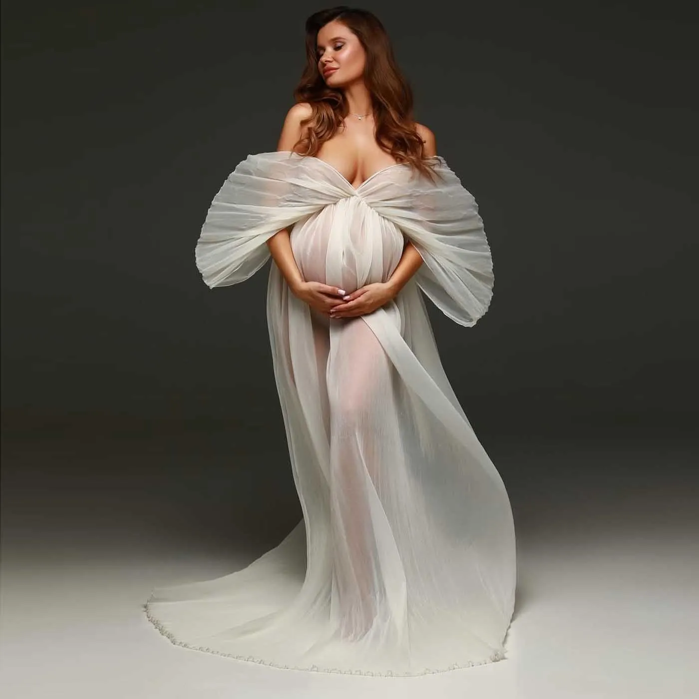 Fantástico vestido de maternidad plisado blanco para sesión de fotos, vestidos de maternidad únicos de seda transparente con hombros descubiertos, плаajtе для бем onderdelen
