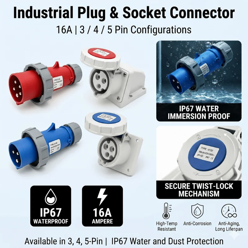 IP67 16A Waterproof Industrial Plug & Socket 3/4/5 Pin Male Female Connector 220V/380V Surface Panel Mount