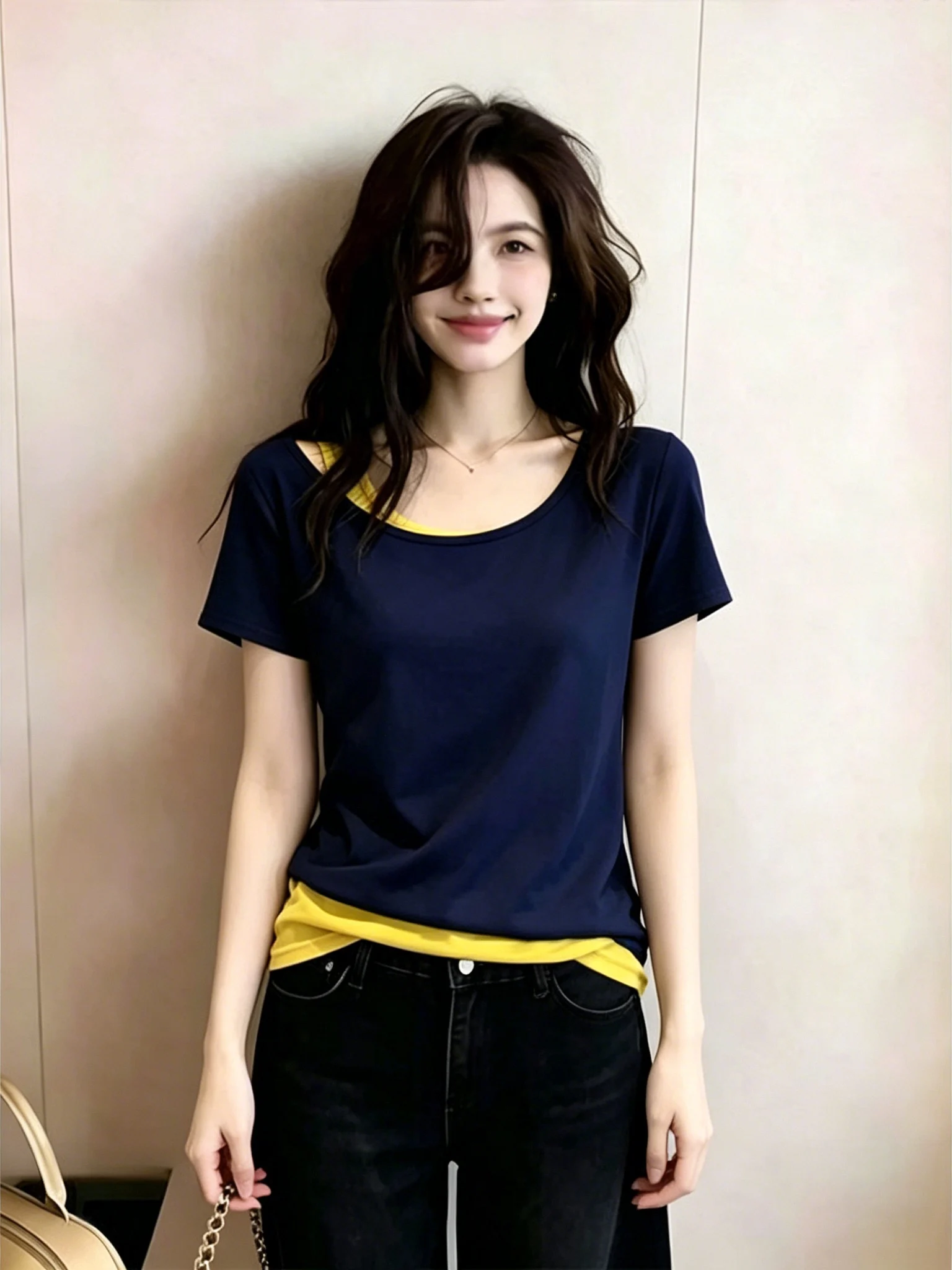 Fashionable Asymmetrical Color Block Short Sleeve T-Shirt Women's Summer Loose Meat Concealing round Neck Versatile Top