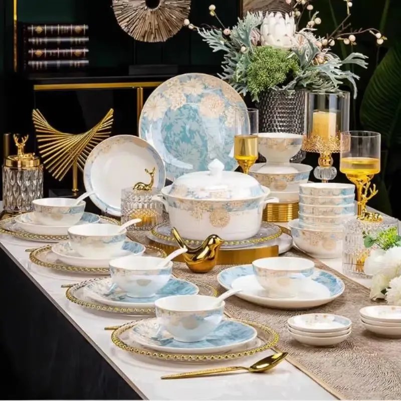 European Style Blue Dinnerware Friendly Unique Christmas Luxury Plates Dinner Sets Elegant Italian Orologi Da Parete Home Decor