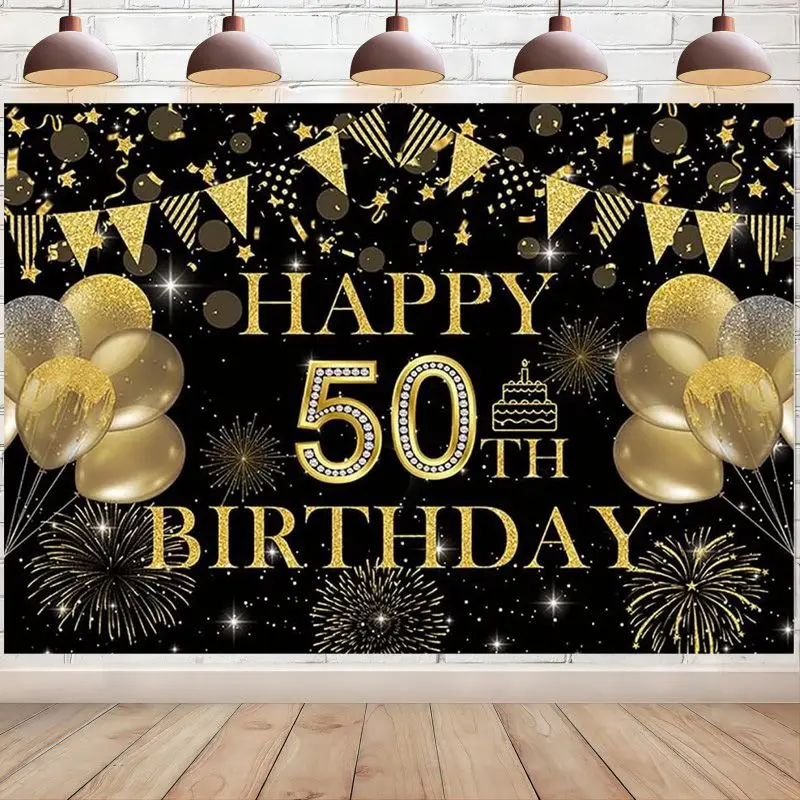 Happy 50th Birthday Backdrop Banner Black and Gold 50 Years Old Party Decoration Photography Background for Women Men Supplies