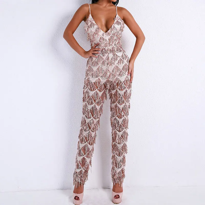 

Summer New Sequined Suspender V-neck Sexy Backless Jumpsuit