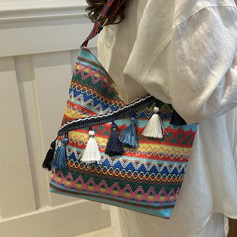 Damskie torby na zakupy w stylu etnicznym 2024, nowe, o dużej pojemności, na jedno ramię, na co dzień, modne torby na zakupy, torby damskie w stylu boho