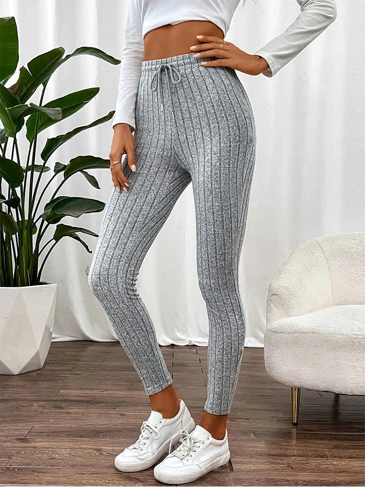 Autumn Warm Drawstring Striped Solid Color Women Leggings Elastic Slim Sports Stretchy Legging Woman High Waist Comfortable Pant