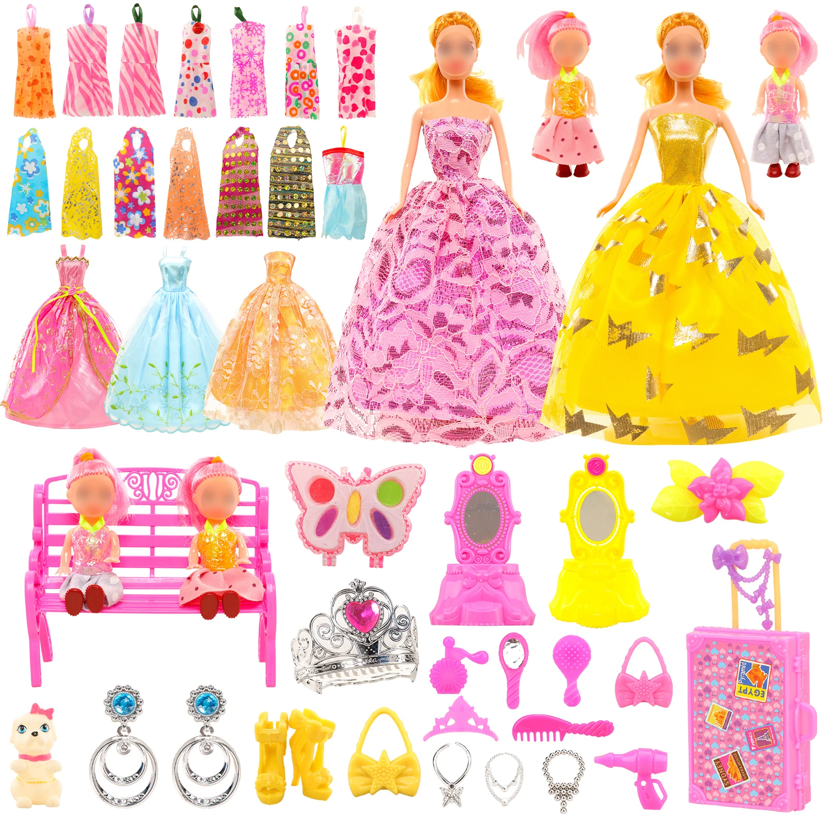 Barwa Girl Doll 37 Set (with Doll) 14 Suspender Skirts+1 Doll+1 Little Doll+1 Suitcase+21 Fixed Accessories Gift for Kids 3-8