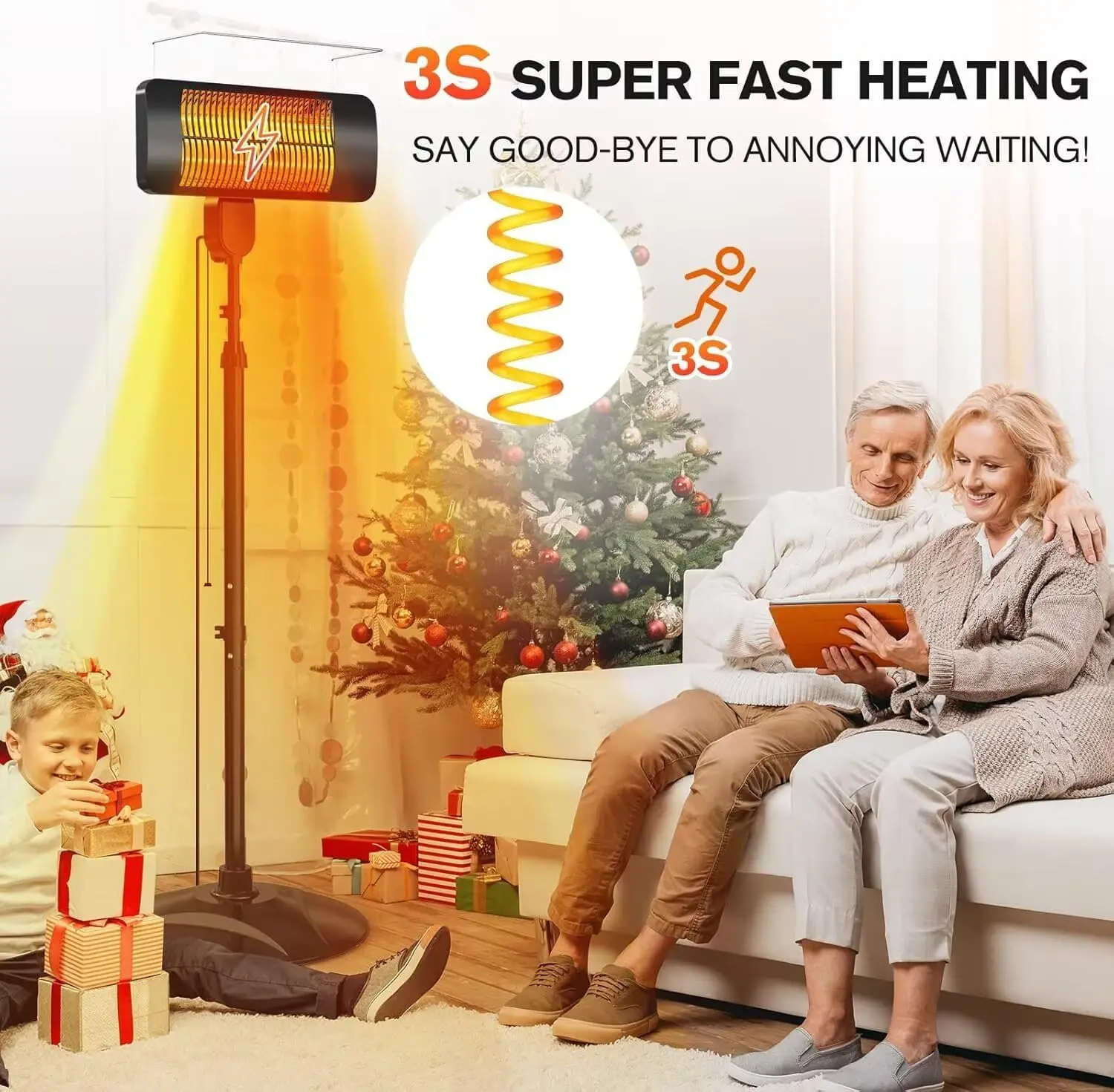 1500W Outdoor Patio Electric Infrared Heater, 3 Heating Modes, 12-Hour Timer, IP54 Waterproof, Height Adjustable, Tip-Over Protection, 78-Inch Portable Space Heater for Indoor/Outdoor Use, Black